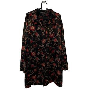 Lane Bryant Womens Vintage Asian Inspired Black Floral Button Up Top 26/28 Boho
